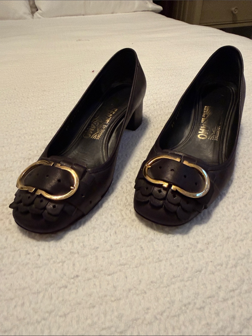 Salvatore Ferragamo Black Leather Block Heel Pumps with Gold Buckle